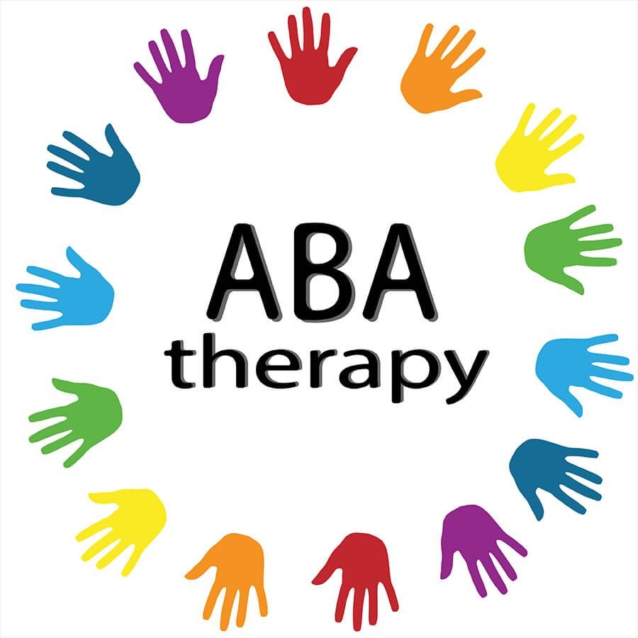 A circle of colorful handprints surrounding the words 'ABA therapy' in bold black text.